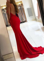 V neck lace applique mermaid prom dress,spaghetti strap beading long evening party gown