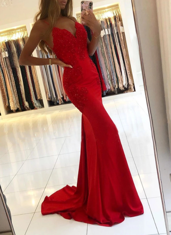 V neck lace applique mermaid prom dress,spaghetti strap beading long evening party gown