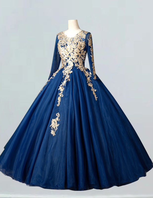 Navy long sleeve bride gown plus size wedding dress gown dark blue princess prom dress ball gown