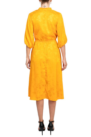 52 Seven split neck balloon sleeve pullover button closure at front drawstring waist jacquard dress with pockets - By Baano
