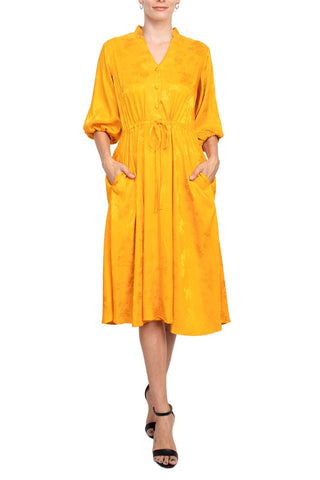 52 Seven split neck balloon sleeve pullover button closure at front drawstring waist jacquard dress with pockets - By Baano