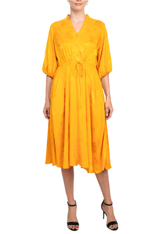 52 Seven split neck balloon sleeve pullover button closure at front drawstring waist jacquard dress with pockets - By Baano