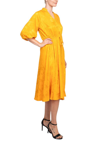 52 Seven split neck balloon sleeve pullover button closure at front drawstring waist jacquard dress with pockets - By Baano