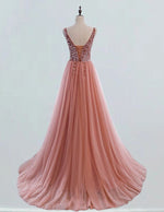 V neck beaded long tulle prom dress,split coral evening gown