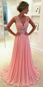V neck lace beading long chiffon prom dress gown,pink formal gown