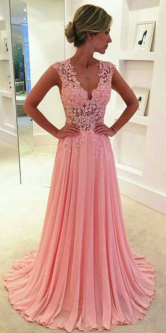 V neck lace beading long chiffon prom dress gown,pink formal gown