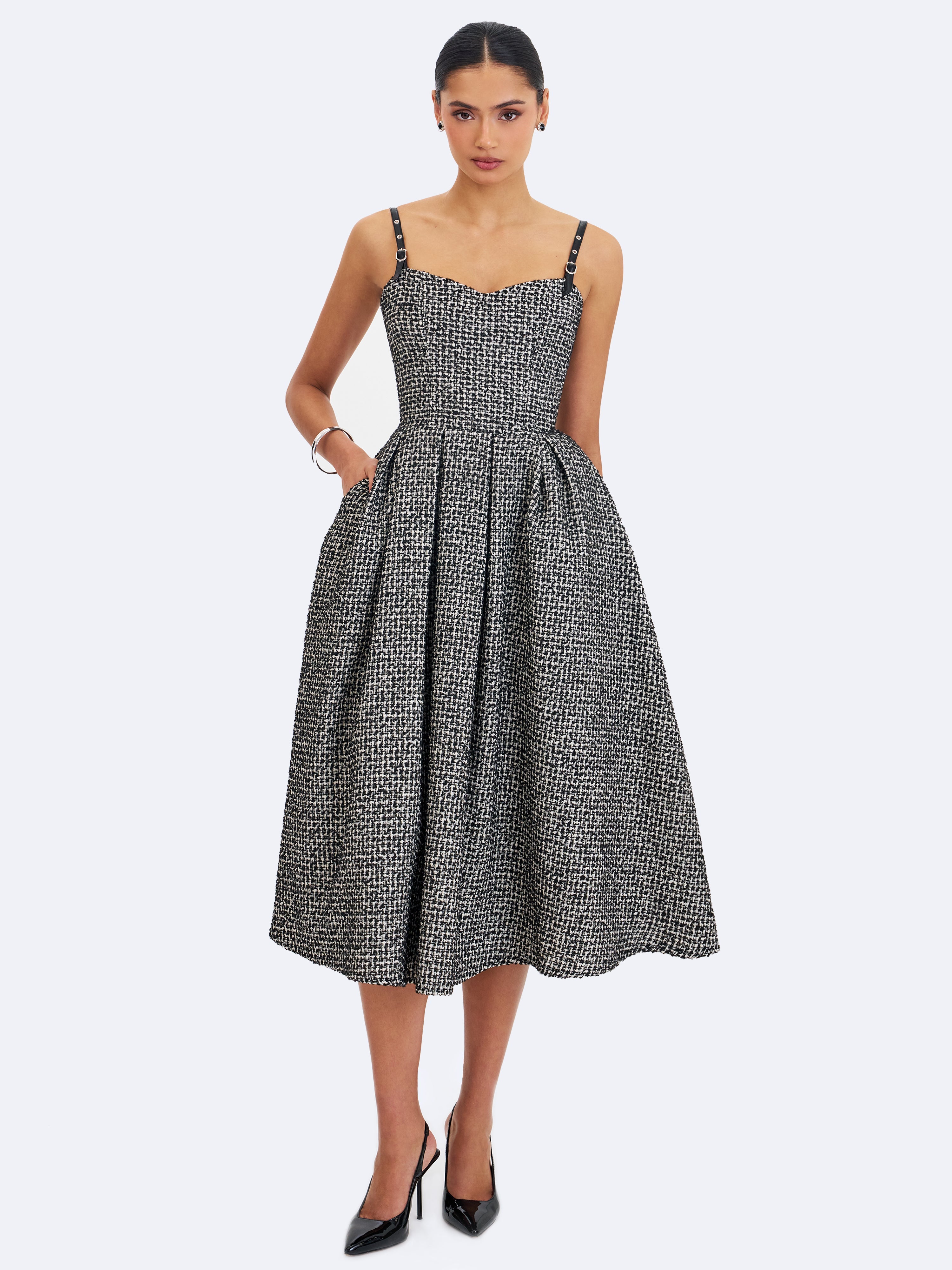 Katalina Black & White Tweed Backless Midi Dress