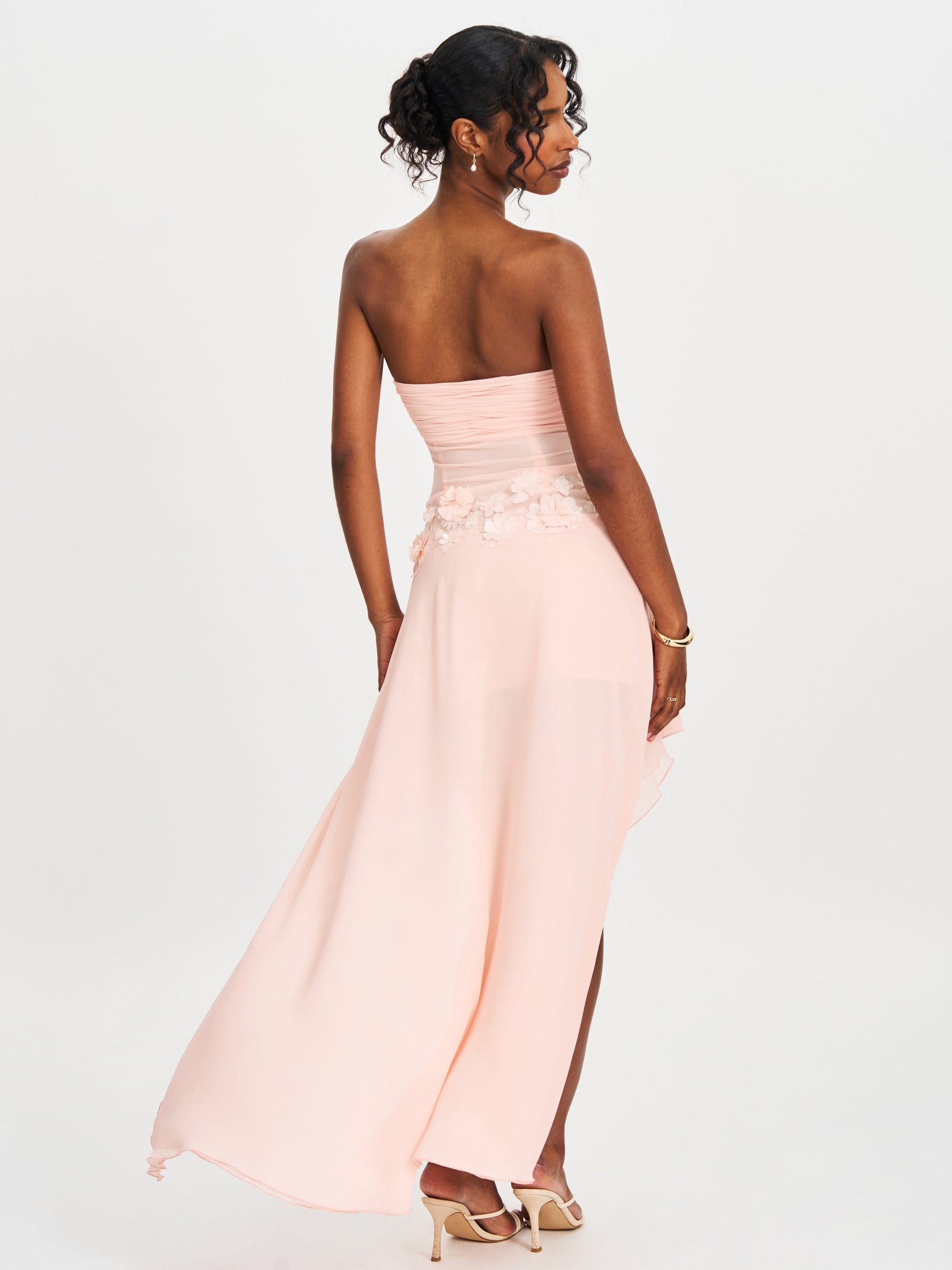 Mae Pink Ruched Breast Appliqué Trim Trailing Dress