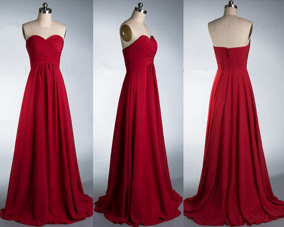 Sweetheart pleated chiffon formal gown,burgundy long prom gown bridesmaid dress
