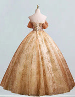 Gold lace applique sparkle ball gown prom dress strapless beaded long floor length ball gown wedding dress