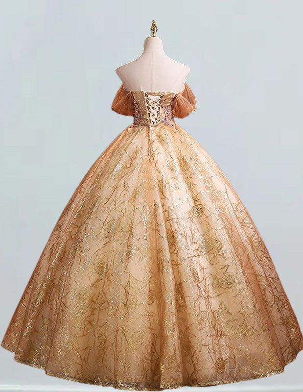 Gold lace applique sparkle ball gown prom dress strapless beaded long floor length ball gown wedding dress