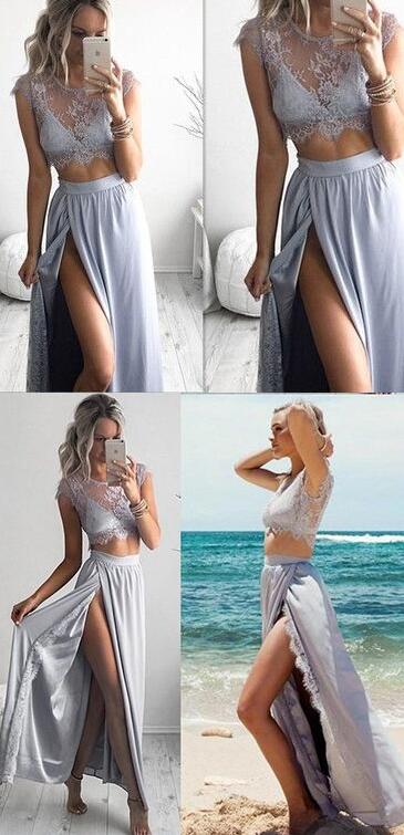 Two piece dress lace formal gown,sexy slit prom dress evening party gown