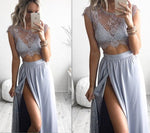 Two piece dress lace formal gown,sexy slit prom dress evening party gown