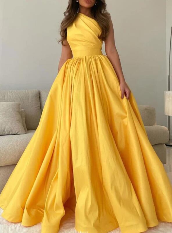 One shoulder pleated long satin ball gown,yellow floor length prom dress