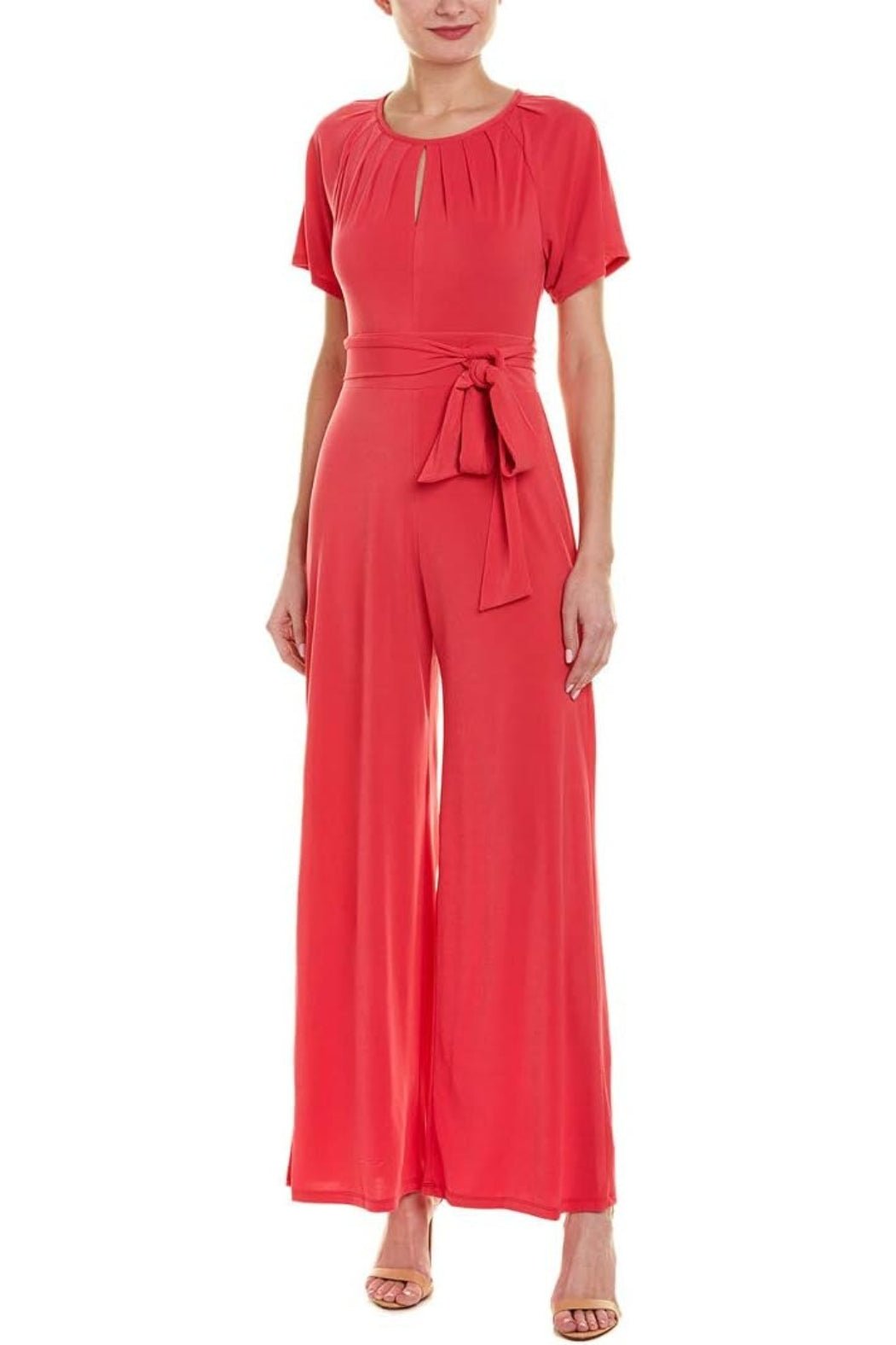 Taylor Scoop Neck Short Sleeve Keyhole Back Tie Waist Solid Jersey Jumpsuit - Glamourous Grace