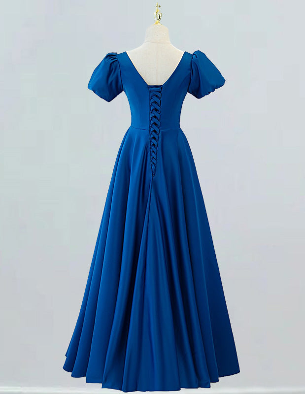 Women's Elegant Blue Satin Prom Gown | Square Neckline, Evening Dress