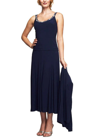 Alex Evenings Embellished Scoop Neck Sleeveless Popover A-line Matte Jersey Dress With Matching 3/4 Sleeve Jacket - By Baano