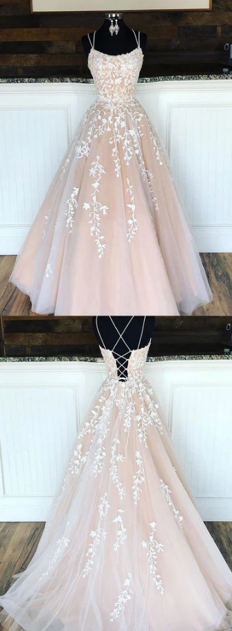 Spaghetti strap lace tulle ball gown,champagne prom dress evening party gown