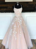 Spaghetti strap lace tulle ball gown,champagne prom dress evening party gown