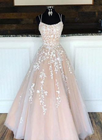 Spaghetti strap lace tulle ball gown,champagne prom dress evening party gown