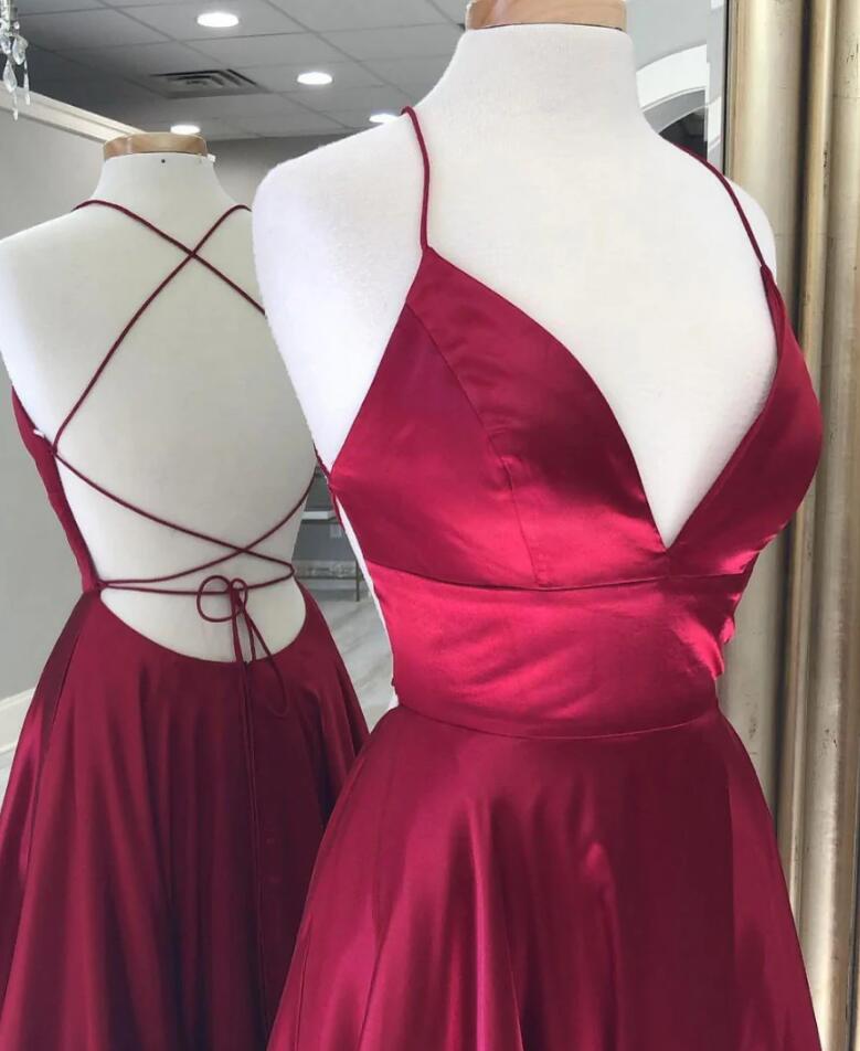 Burgundy deep v backless formal dress prom gown,spaghetti strap pocket evening party gown
