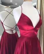 Burgundy deep v backless formal dress prom gown,spaghetti strap pocket evening party gown