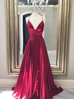 Burgundy deep v backless formal dress prom gown,spaghetti strap pocket evening party gown