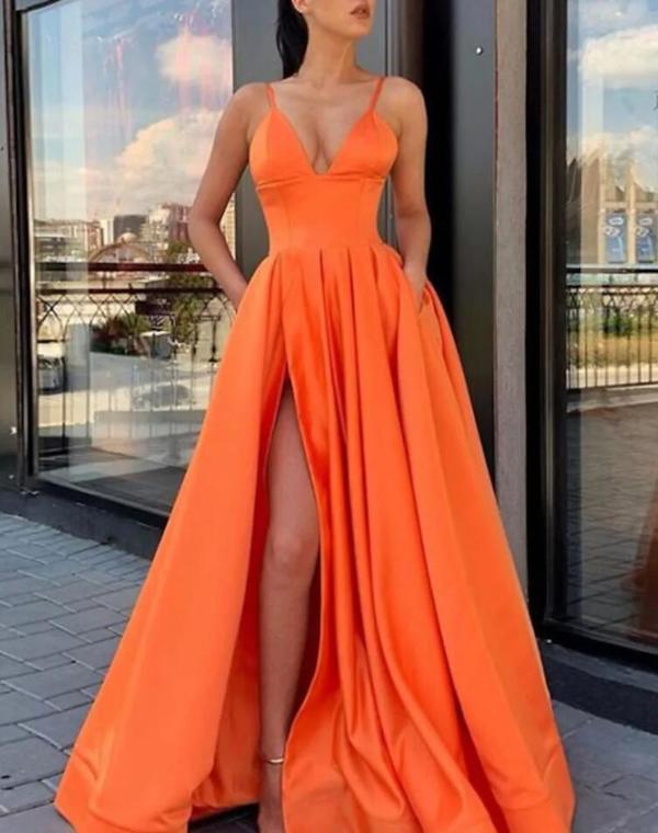 Spaghetti strap v neck orange satin prom gown,slit long formal dress with pocket