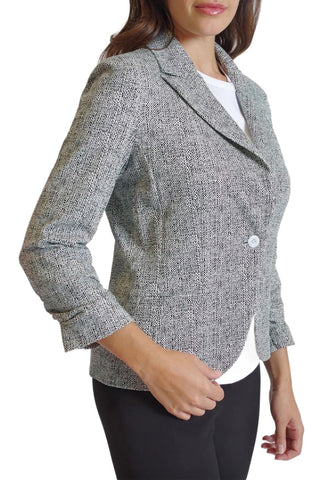 Peace of Cloth One Button Closure Ruched 3/4 Sleeve Welted Pockets Multi Print Crepe Jacket - Glamourous Grace