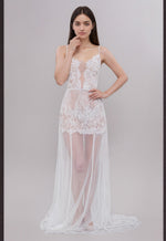 Ethereal Lace Sheer Long Robe with Flowing Train – Elegant Bridal Boudoir Gown