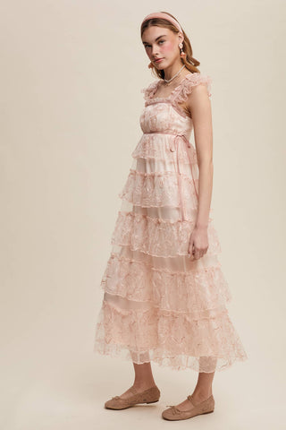 Delicate Floral Embroidered Lace Maxi Dress: Mute Pink