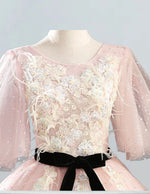 Soft pink prom dress ball gown,A line tulle wedding dress gown,Short sleeve lace formal dress,Sparkle tulle pageant dress