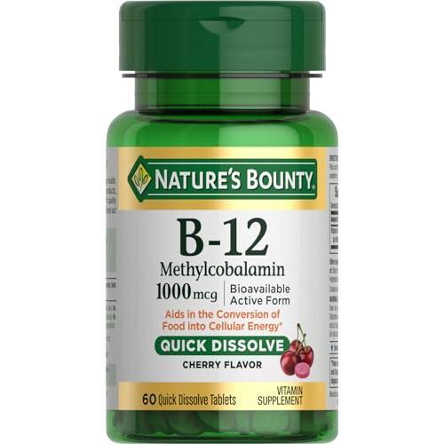 Nature's Bounty Vitamin B-12 Quick Dissolve Tablets, 1000mcg, Aids In The Conversion Of Food Into Cellular Energy, Cherry Flavor, 60ct