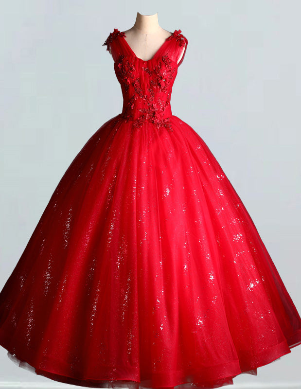 Elegant Red Lace V-Neck Prom Dress | Applique Ball Gown for Girls