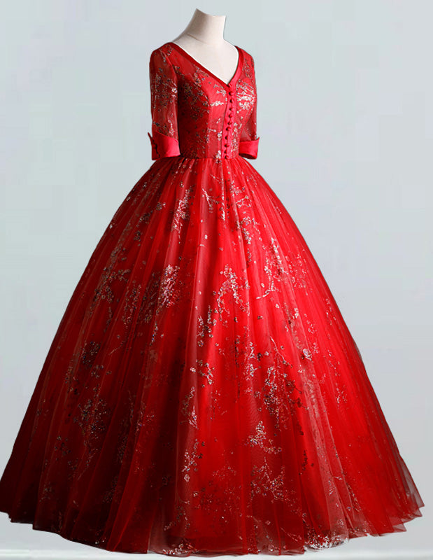 Women's Red V-Neck Sequin Lace Tulle Evening Gown | Prom & Party Dress