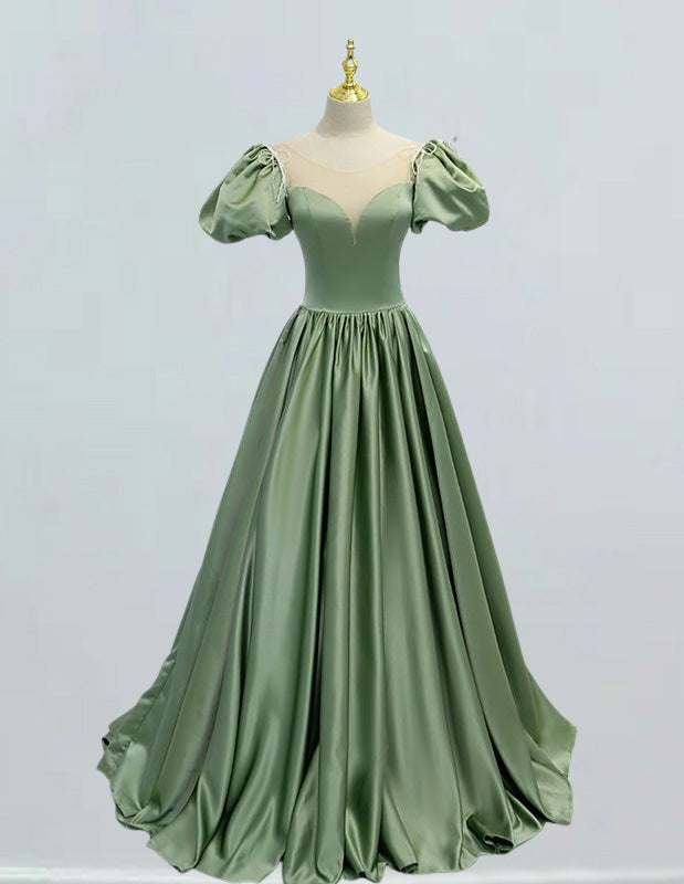 Women's Elegant Green Satin Prom Dress | Scoop Neck Short Sleeve Evening Gown