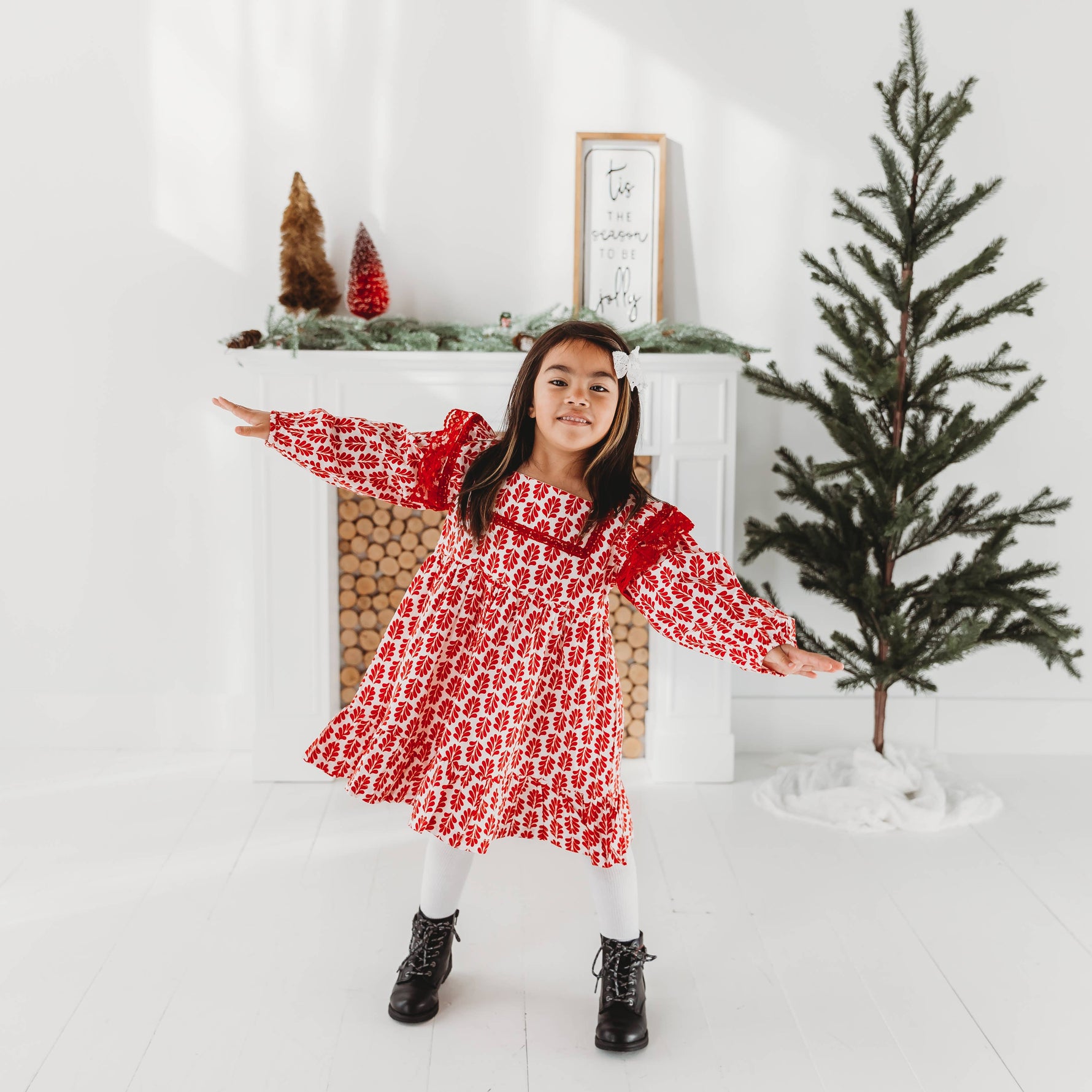 Red Floral Printed Dress with Lace Detail - By Baano