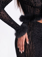 Hali Black Animal Print Burnout Velvet Fur Trim Top Miss Circle