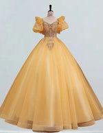 Blue scoop gold lace beaded long short sleeve ball gown prom dress