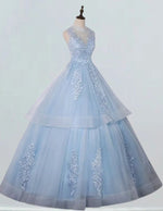 Blue high collar lace applique long ball gown formal dress
