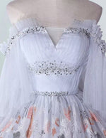 Grey Off-Shoulder Beaded Prom Gown with Sleeves | Elegant Evening Dress