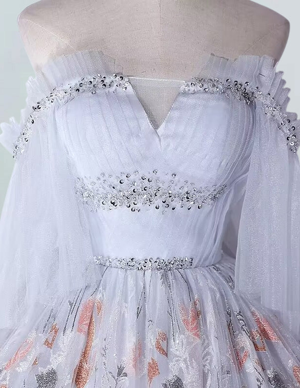 Grey Off-Shoulder Beaded Prom Gown with Sleeves | Elegant Evening Dress