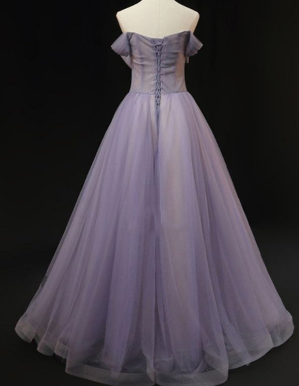 Lavender rhinestone beaded long tulle ball gown