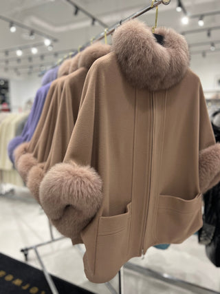 Genuine Polar Fox Fur Cashmere Blend Poncho in French Beige