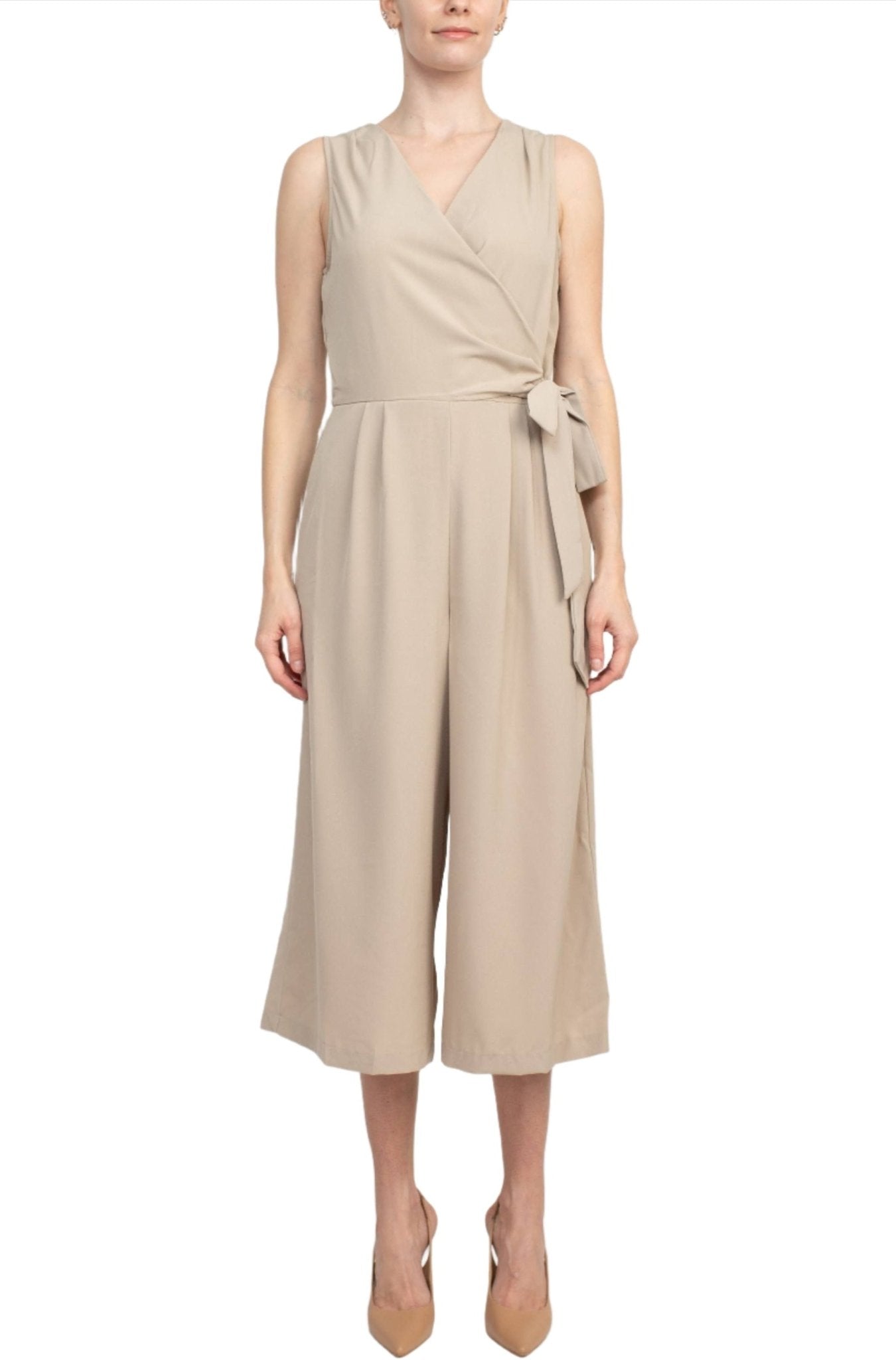 Emma & Michele V - Neck Sleeveless Tie Side Solid Pockets Crepe Jumpsuit - Glamourous Grace