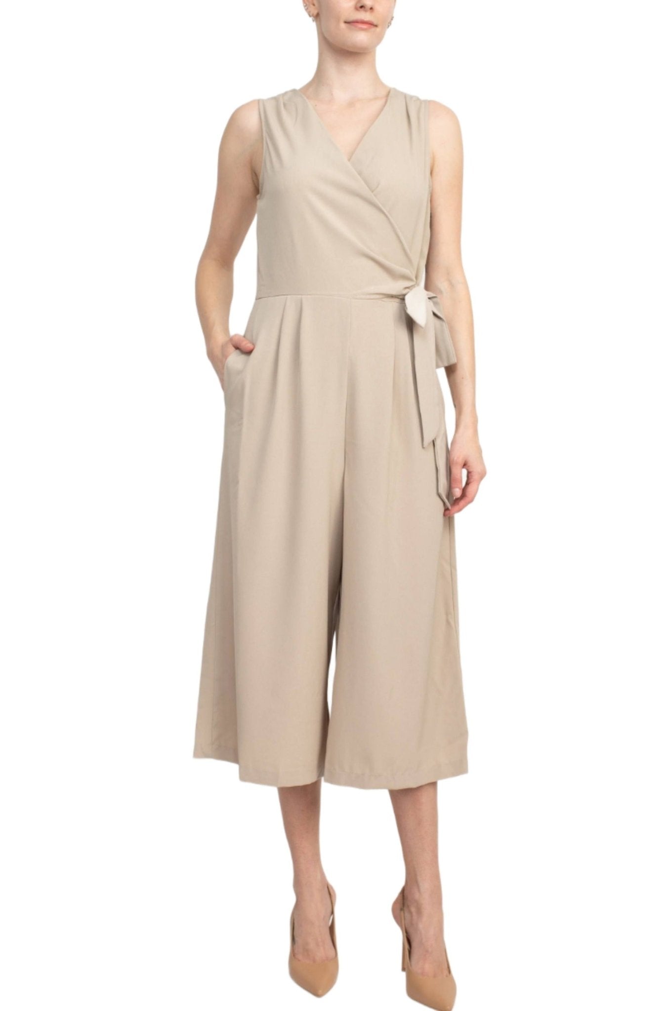 Emma & Michele V - Neck Sleeveless Tie Side Solid Pockets Crepe Jumpsuit - Glamourous Grace