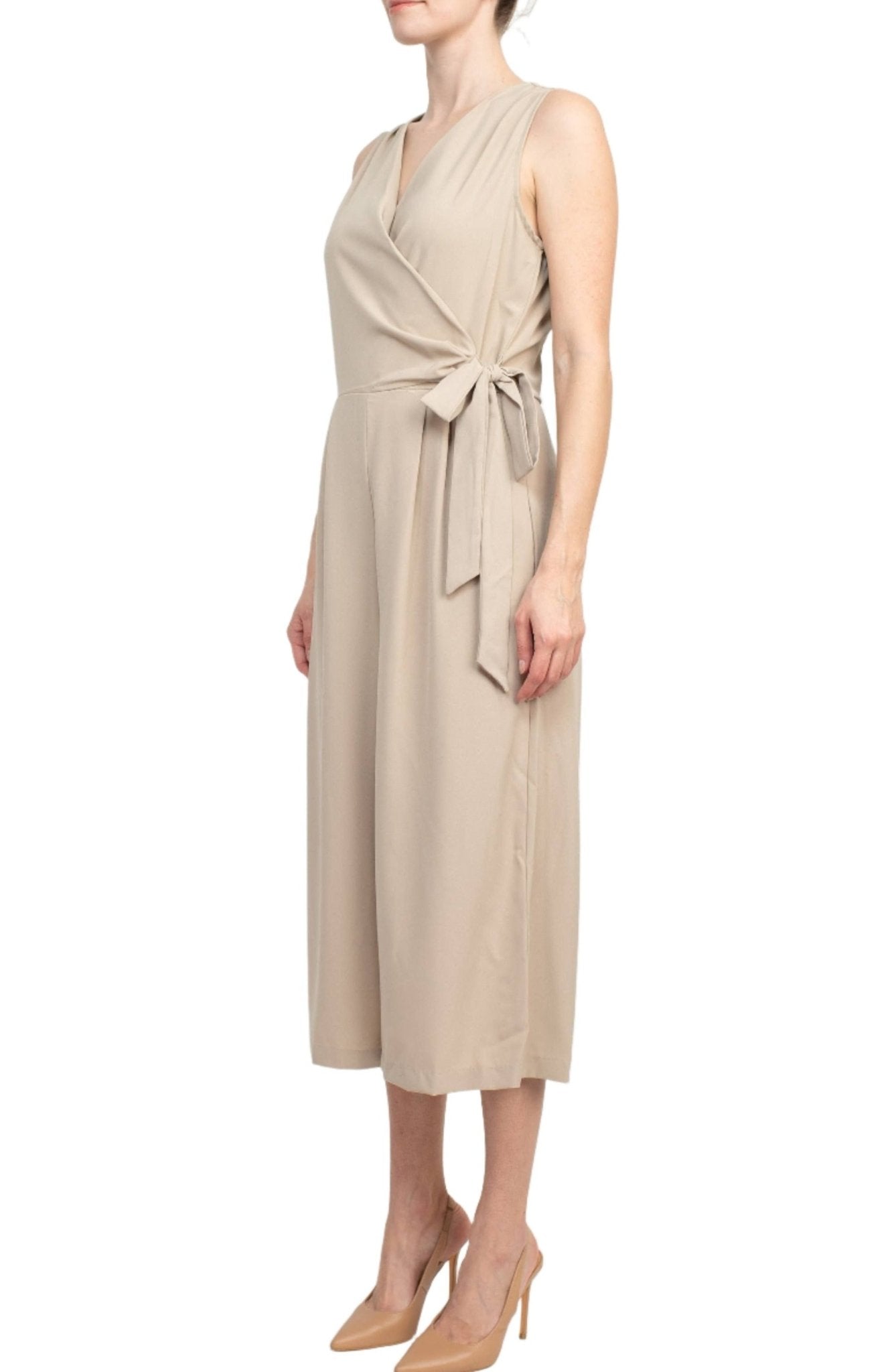 Emma & Michele V - Neck Sleeveless Tie Side Solid Pockets Crepe Jumpsuit - Glamourous Grace
