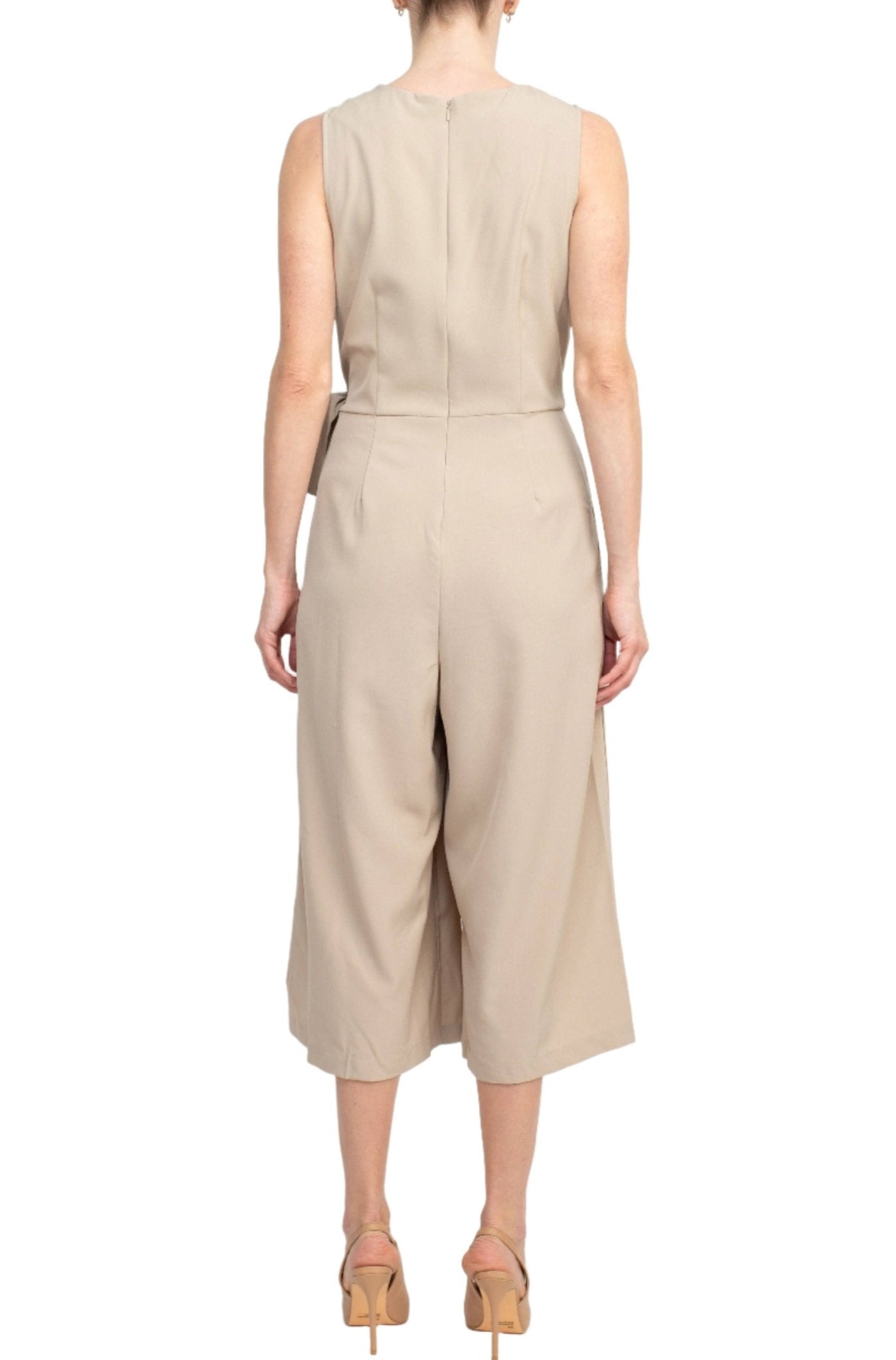 Emma & Michele V - Neck Sleeveless Tie Side Solid Pockets Crepe Jumpsuit - Glamourous Grace