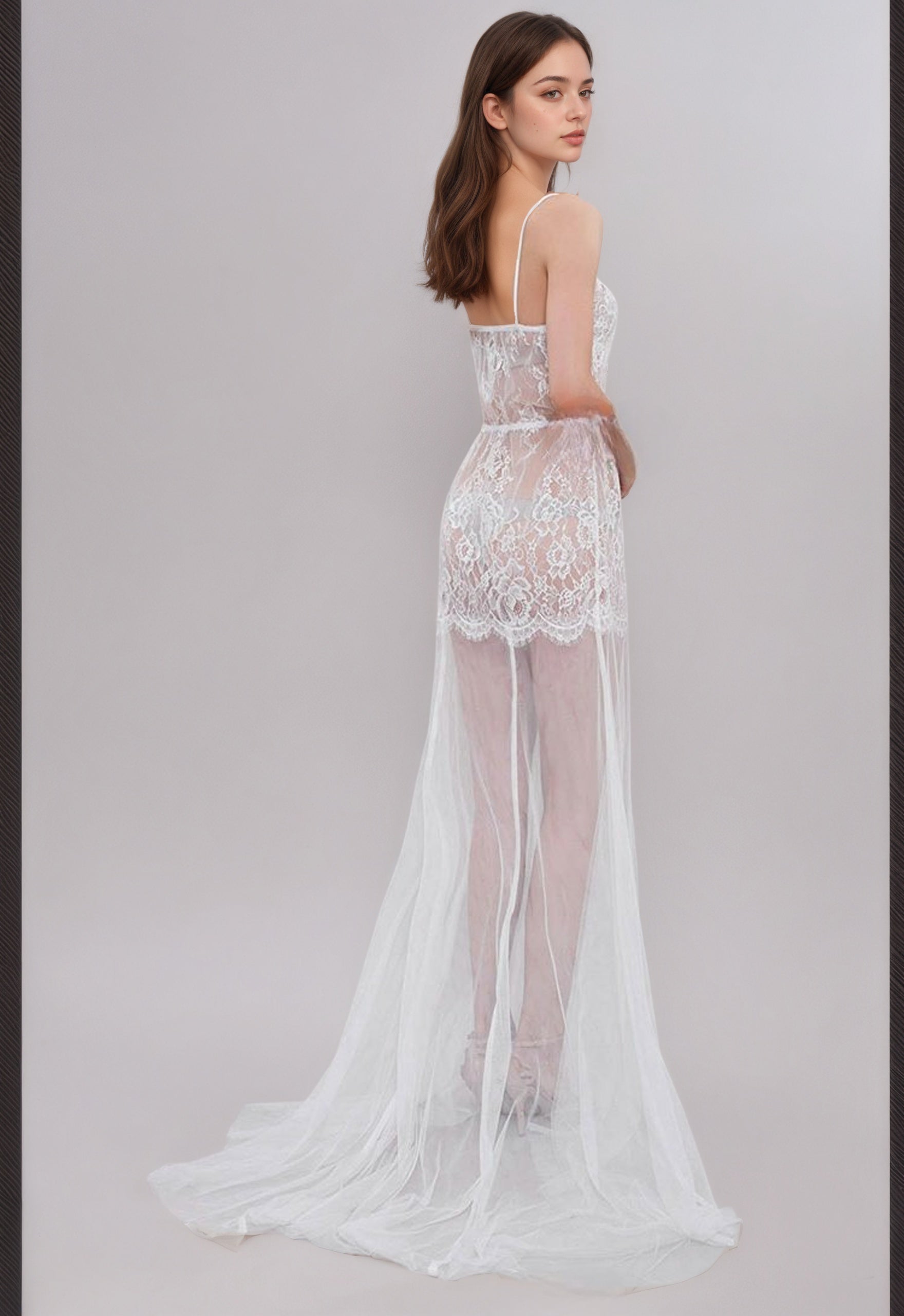 Ethereal Lace Sheer Long Robe with Flowing Train – Elegant Bridal Boudoir Gown