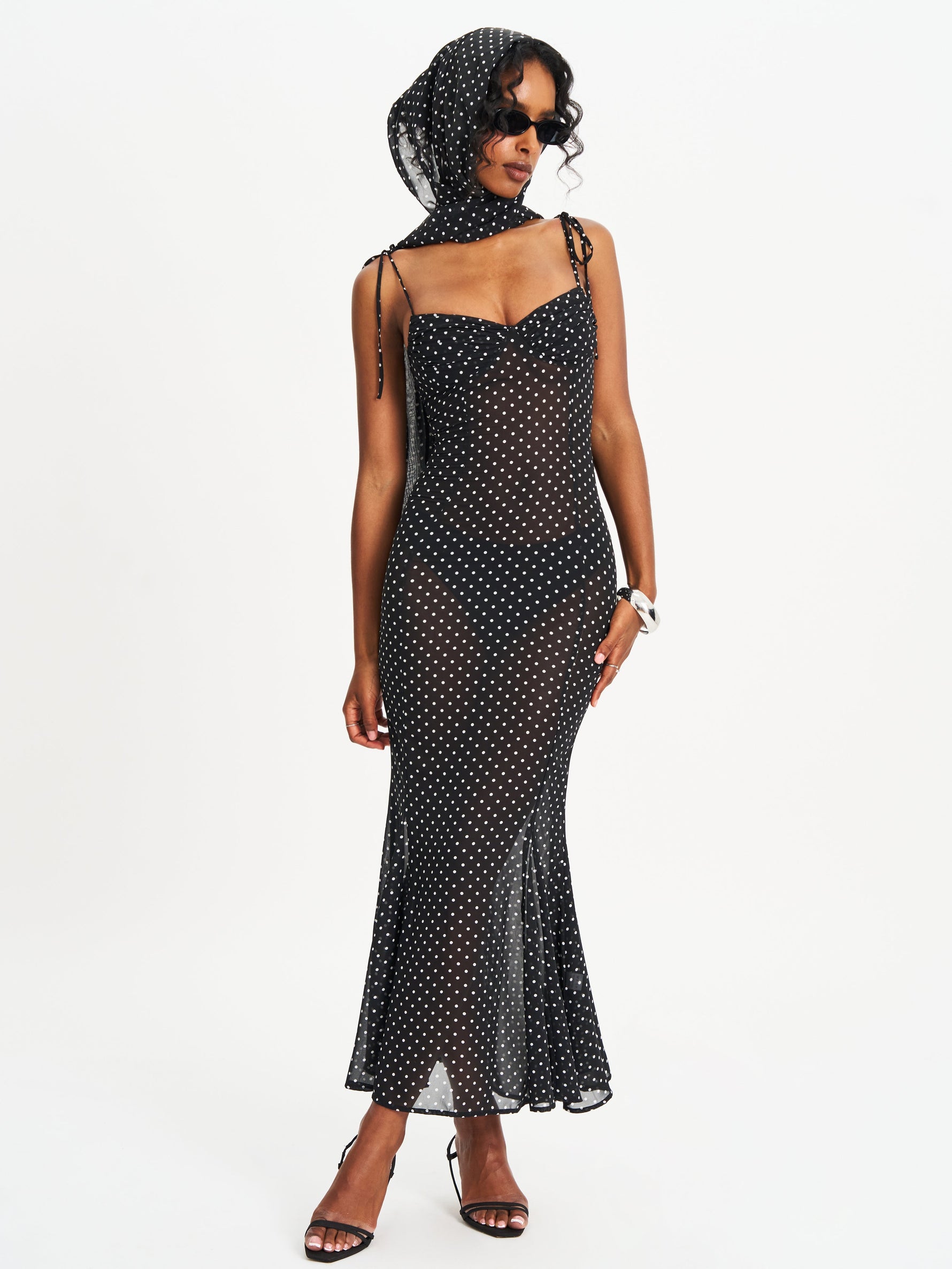 Yadira Black Base Polka Dot Chiffon Maxi Dress Miss Circle